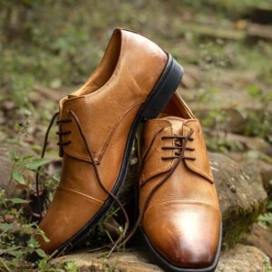 Stylish brown leather formal shoes placed on rocks in a natural setting.