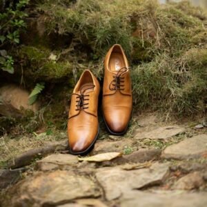 Elegant brown leather shoes placed on a rocky path outdoors, showcasing style and craftsmanship.